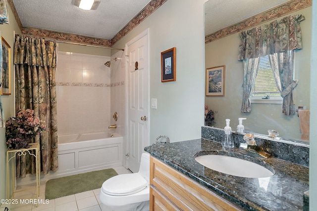 54 Storm Jib Ct, Bayville, NJ 08721 - bathroom featuring a textured ceiling, vanity, tile patterned floors, and shower / bathtub combination with curtain