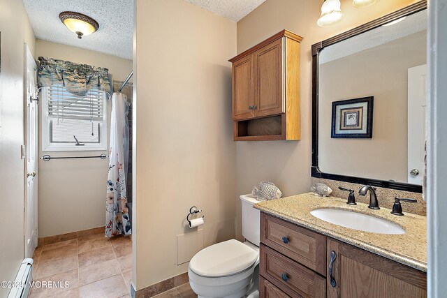 54 Storm Jib Ct, Bayville, NJ 08721 - full bathroom featuring a baseboard radiator, vanity, a shower with shower curtain, and a textured ceiling
