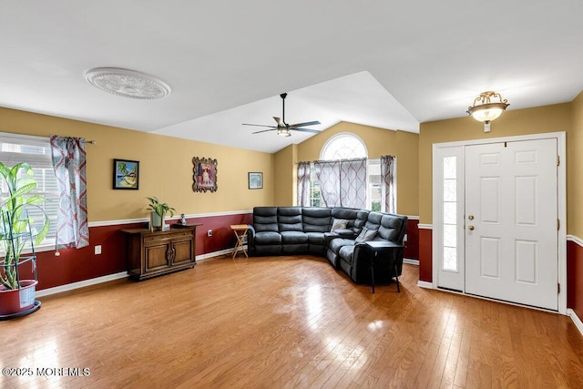 35 Kings N Rd, Jackson, NJ 08527 - living area with light wood-style floors, vaulted ceiling, and ceiling fan