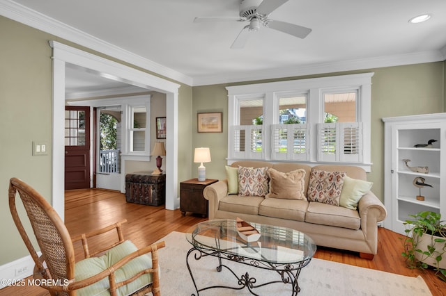 340 Main Ave, Bay Head, NJ 08742 - living room with ornamental molding, a ceiling fan, wood finished floors, and recessed lighting