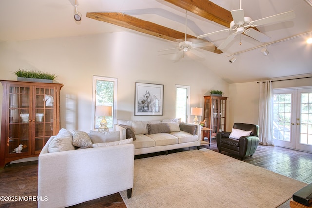 74 Squankum Rd, Tinton Falls, NJ 07724 - living room with rail lighting, dark wood-type flooring, french doors, ceiling fan, and beam ceiling