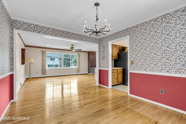 27 Greenhill Dr, Brick, NJ 08724 - unfurnished living room featuring wallpapered walls, ornamental molding, light wood-style floors, a chandelier, and ceiling fan