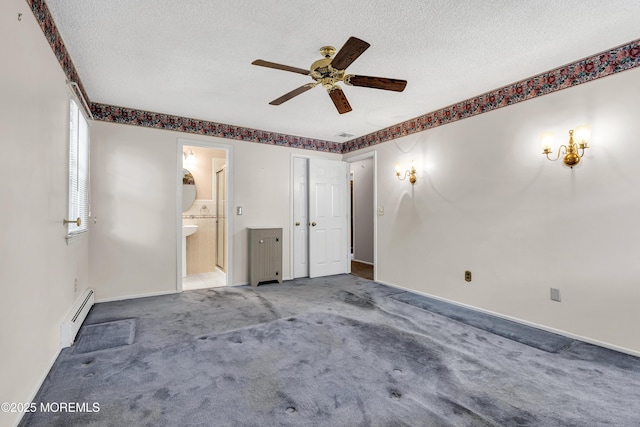 27 Greenhill Dr, Brick, NJ 08724 - unfurnished bedroom featuring baseboard heating, a textured ceiling, carpet, ensuite bathroom, and ceiling fan