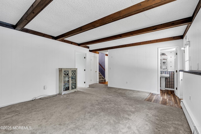 27 Greenhill Dr, Brick, NJ 08724 - unfurnished living room featuring baseboard heating, beamed ceiling, stairs, carpet, and a textured ceiling
