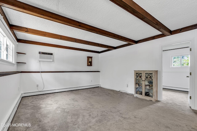 27 Greenhill Dr, Brick, NJ 08724 - unfurnished living room featuring a baseboard radiator, carpet flooring, a textured ceiling, a wall mounted air conditioner, and baseboard heating