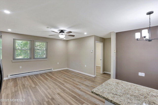 9 Deerfield Dr Unit D, Whiting, NJ 08759 - empty room with a baseboard radiator, a chandelier, light wood-style flooring, recessed lighting, and a ceiling fan