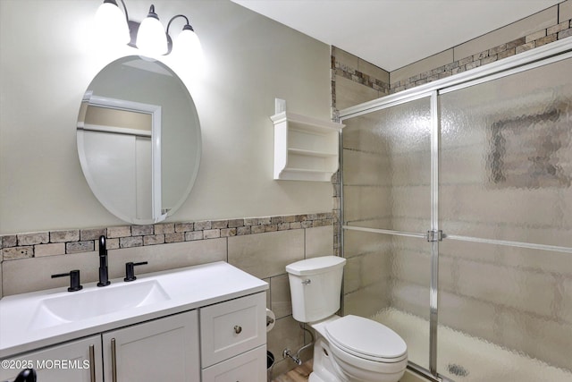 9 Deerfield Dr Unit D, Whiting, NJ 08759 - bathroom with tile walls, vanity, a stall shower, and wainscoting