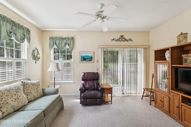 18 Osprey Pl, Barnegat, NJ 08005 - living room with carpet floors, healthy amount of natural light, ceiling fan, and a textured ceiling