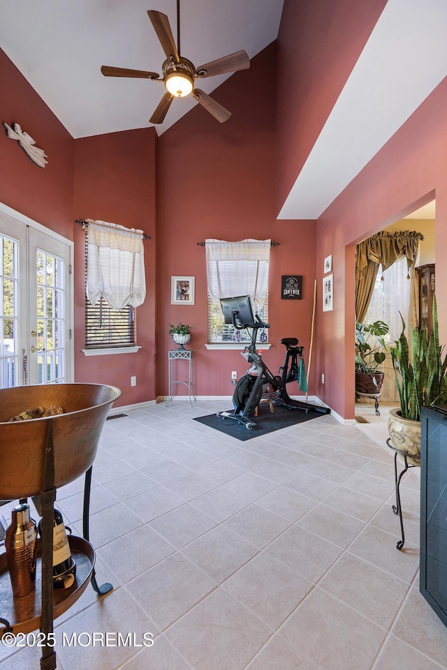 28 Stonehenge Ct, Jackson, NJ 08527 - exercise area with high vaulted ceiling, light tile patterned floors, ceiling fan, and french doors