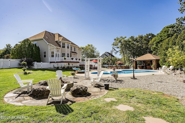 28 Stonehenge Ct, Jackson, NJ 08527 - view of pool featuring a gazebo, a fire pit, a fenced backyard, and a patio area