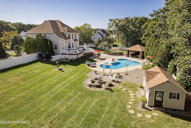 28 Stonehenge Ct, Jackson, NJ 08527 - view of swimming pool with a gazebo, a fire pit, a patio area, and a fenced backyard