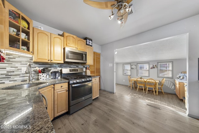 302 Kadlubeck Way, Little Egg Harbor, NJ 08087 - kitchen featuring appliances with stainless steel finishes, backsplash, wood finished floors, a ceiling fan, and glass insert cabinets