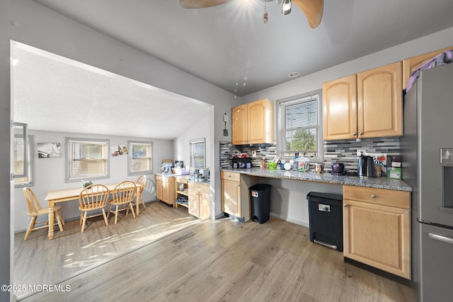 302 Kadlubeck Way, Little Egg Harbor, NJ 08087 - kitchen featuring stainless steel refrigerator with ice dispenser, light brown cabinetry, light wood-type flooring, backsplash, and ceiling fan