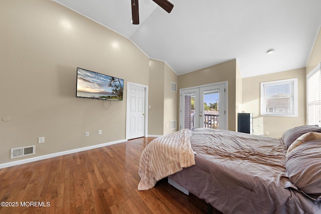 302 Kadlubeck Way, Little Egg Harbor, NJ 08087 - bedroom featuring french doors, access to exterior, vaulted ceiling, wood finished floors, and ceiling fan