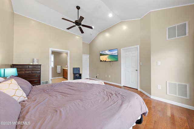 302 Kadlubeck Way, Little Egg Harbor, NJ 08087 - bedroom featuring wood finished floors, high vaulted ceiling, connected bathroom, and ceiling fan
