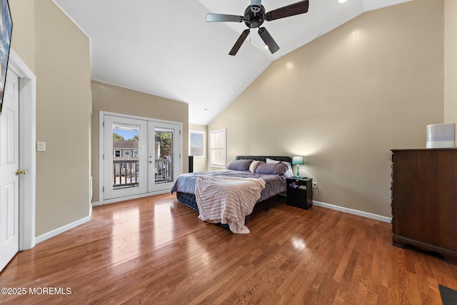 302 Kadlubeck Way, Little Egg Harbor, NJ 08087 - bedroom with access to exterior, french doors, wood finished floors, a ceiling fan, and high vaulted ceiling