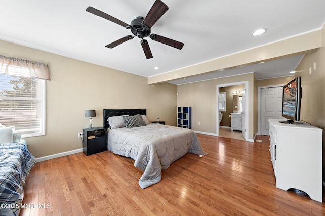 302 Kadlubeck Way, Little Egg Harbor, NJ 08087 - bedroom featuring light wood-style floors, recessed lighting, ensuite bathroom, and a ceiling fan