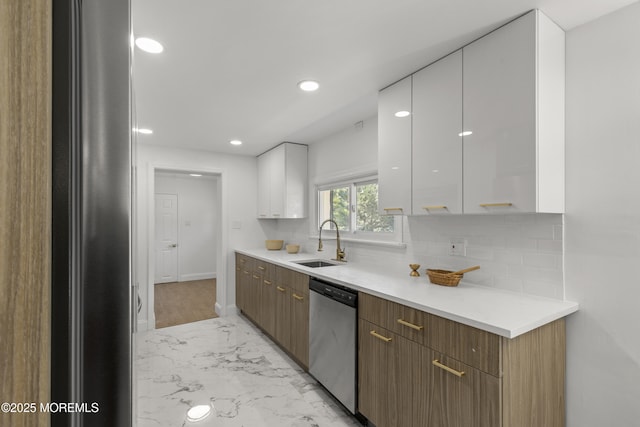 1822 Deerhead Lake Dr, Forked River, NJ 08731 - kitchen with dishwasher, white cabinets, light marble finish flooring, modern cabinets, and recessed lighting