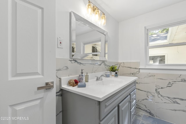 1822 Deerhead Lake Dr, Forked River, NJ 08731 - bathroom with vanity, tile walls, wainscoting, and marble finish flooring