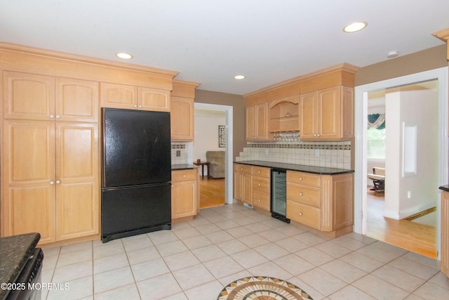 67-69 School Rd E, Marlboro, NJ 07746 - kitchen featuring freestanding refrigerator, light brown cabinets, beverage cooler, decorative backsplash, and recessed lighting