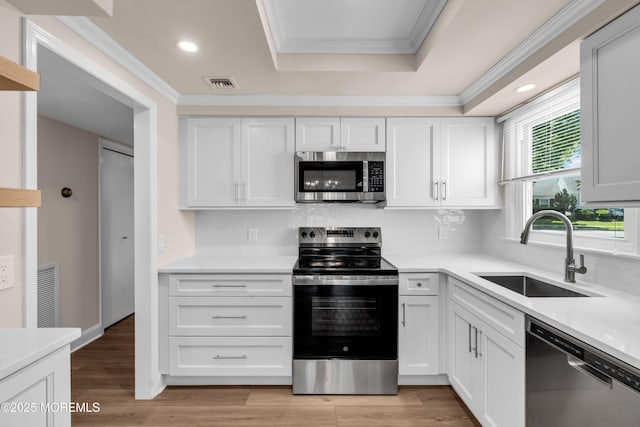 377 Old Nassau Rd Unit 377B, Monroe, NJ 08831 - kitchen with stainless steel appliances, ornamental molding, a tray ceiling, tasteful backsplash, and recessed lighting