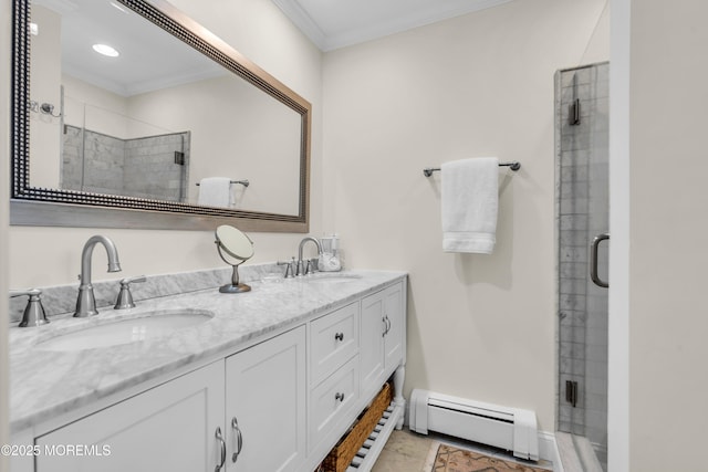 217 Howe St, Point Pleasant, NJ 08742 - full bath with baseboard heating, a stall shower, double vanity, crown molding, and recessed lighting