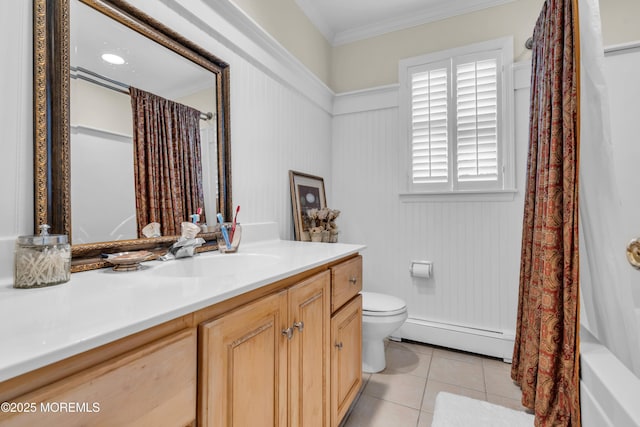217 Howe St, Point Pleasant, NJ 08742 - bathroom with a baseboard radiator, vanity, tile patterned floors, and crown molding