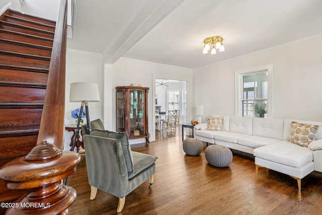 132 Cookman Ave, Ocean Grove, NJ 07756 - living room featuring ornamental molding, wood finished floors, and stairway