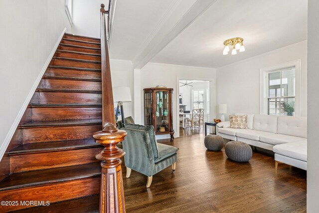 132 Cookman Ave, Ocean Grove, NJ 07756 - living room with stairs, crown molding, and wood finished floors