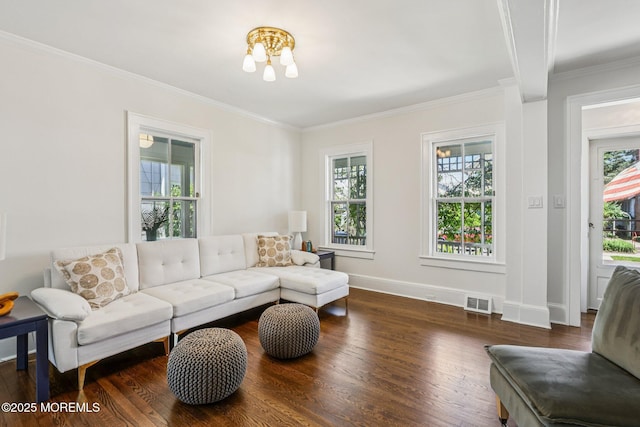 132 Cookman Ave, Ocean Grove, NJ 07756 - living room featuring wood finished floors, ornamental molding, and a chandelier