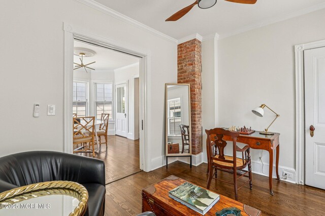 132 Cookman Ave, Ocean Grove, NJ 07756 - living room featuring wood finished floors, ceiling fan, and ornamental molding