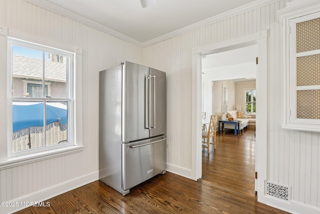 132 Cookman Ave, Ocean Grove, NJ 07756 - kitchen with high end fridge, ornamental molding, and dark wood-type flooring