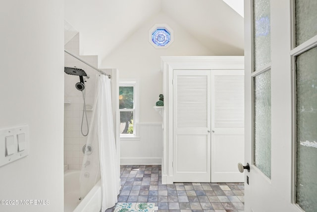 132 Cookman Ave, Ocean Grove, NJ 07756 - bathroom with shower / bath combo, wainscoting, and lofted ceiling