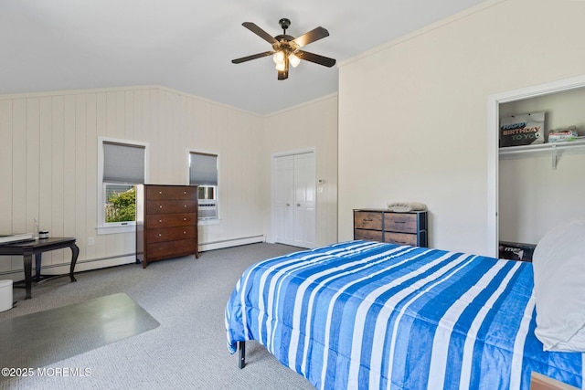 217 Alpern Ave, Elberon, NJ 07740 - bedroom featuring lofted ceiling, carpet, a baseboard radiator, and a ceiling fan