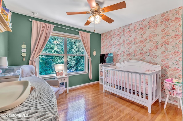 27 Skyline Dr, Hazlet, NJ 07730 - bedroom featuring wallpapered walls, wood finished floors, and a ceiling fan