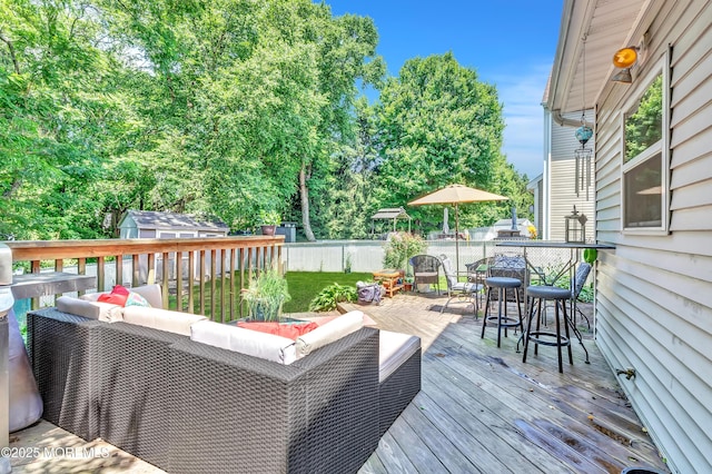27 Skyline Dr, Hazlet, NJ 07730 - wooden terrace featuring an outdoor living space, a fenced backyard, and view of wooded area