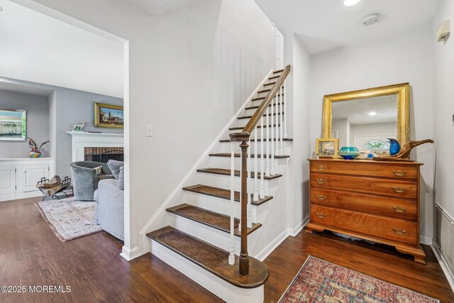 11 Delwood Rd, Chester Twp, NJ 07930 - stairs featuring wood finished floors and a fireplace
