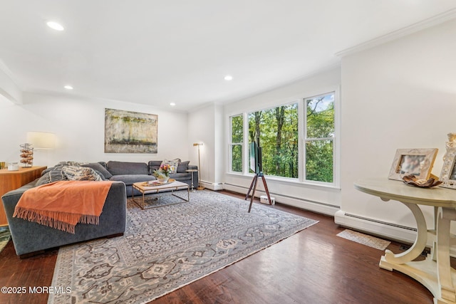 11 Delwood Rd, Chester Twp, NJ 07930 - living area featuring a baseboard radiator, recessed lighting, ornamental molding, and wood finished floors