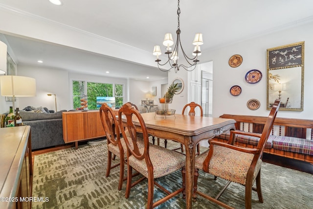 11 Delwood Rd, Chester Twp, NJ 07930 - dining space with a chandelier, ornamental molding, recessed lighting, and wood finished floors