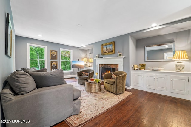 11 Delwood Rd, Chester Twp, NJ 07930 - living area with dark wood-style floors, a brick fireplace, and recessed lighting