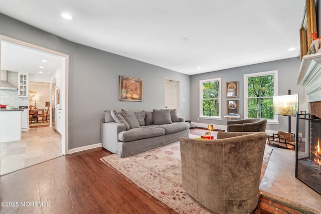 11 Delwood Rd, Chester Twp, NJ 07930 - living area featuring a brick fireplace, recessed lighting, and wood-type flooring