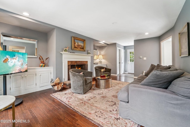 11 Delwood Rd, Chester Twp, NJ 07930 - living area featuring dark wood finished floors, recessed lighting, and a fireplace