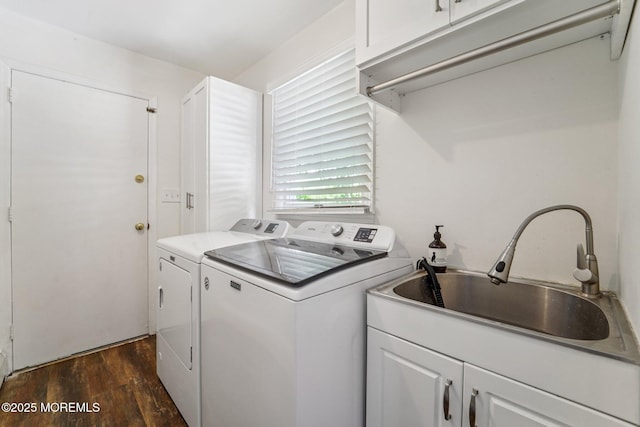 11 Delwood Rd, Chester Twp, NJ 07930 - laundry area featuring independent washer and dryer, dark wood-style floors, and cabinet space