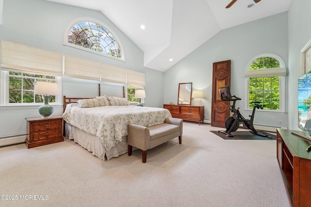 11 Delwood Rd, Chester Twp, NJ 07930 - bedroom with high vaulted ceiling, carpet, baseboard heating, ceiling fan, and recessed lighting