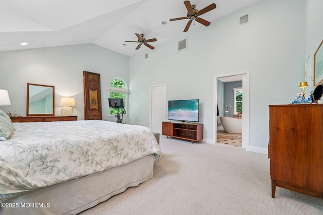 11 Delwood Rd, Chester Twp, NJ 07930 - bedroom with multiple windows, carpet flooring, high vaulted ceiling, ensuite bath, and a ceiling fan