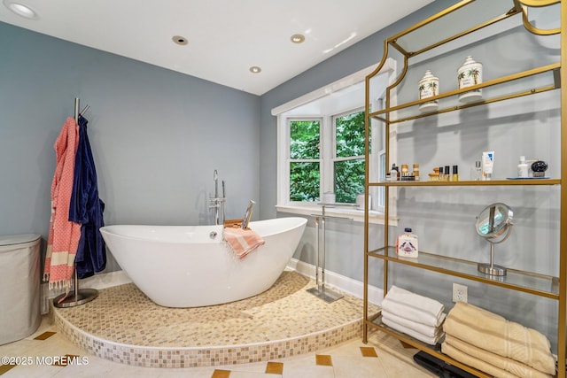 11 Delwood Rd, Chester Twp, NJ 07930 - full bath with a freestanding tub, tile patterned flooring, and recessed lighting