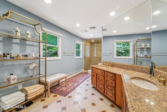 11 Delwood Rd, Chester Twp, NJ 07930 - bathroom featuring a stall shower, double vanity, a baseboard radiator, and recessed lighting