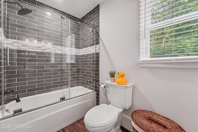 11 Delwood Rd, Chester Twp, NJ 07930 - full bathroom with shower / bath combination with glass door, a baseboard radiator, and wood finished floors