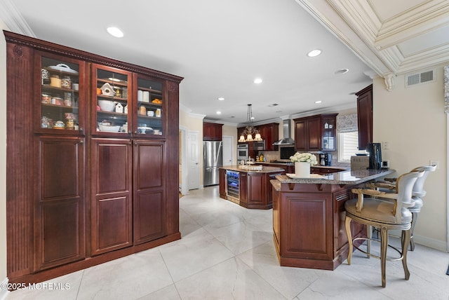 320 Sinclair Ct, Morganville, NJ 07751 - kitchen featuring crown molding, wall chimney exhaust hood, dark brown cabinets, appliances with stainless steel finishes, and backsplash