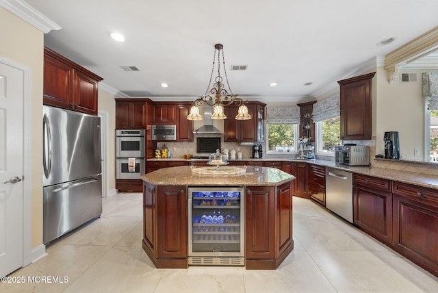 320 Sinclair Ct, Morganville, NJ 07751 - kitchen featuring stainless steel appliances, beverage cooler, backsplash, crown molding, and light stone counters